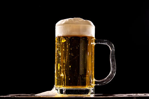 A detailed shot of a cold beer glass with frothy top against a black background.